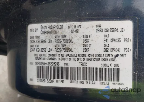 2001 Dodge Dakota Slt/Sport from USA, damaged, VIN 1B7GG2AN41S220246